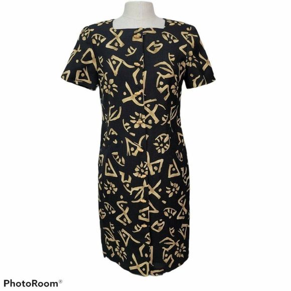 Vintage 90s Kasper ASL Womens 4P Black Tan Tribal Geo Sheath Dress Career Casual - Picture 1 of 11